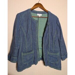 Blue Green Open Denim Spring Jacket Womens PL Linen Blend Cottagecore Coastal